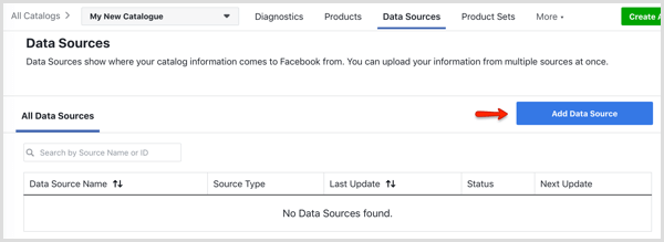 Pulsante Aggiungi origine dati nella scheda Origini dati in Gestione catalogo Facebook