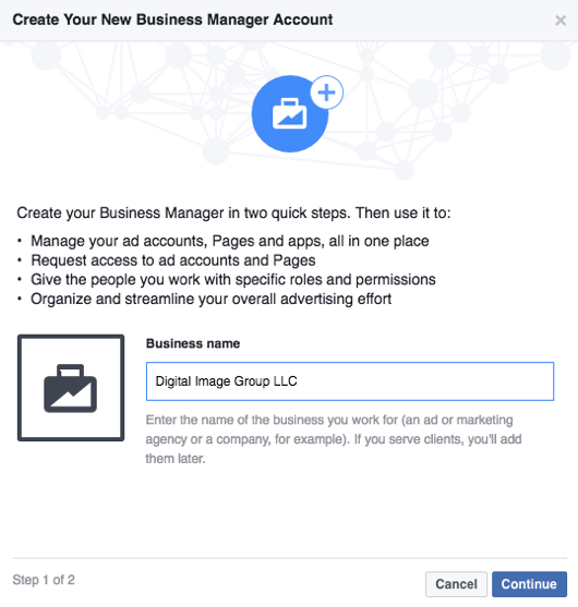 Facebook Business Manager crea un account