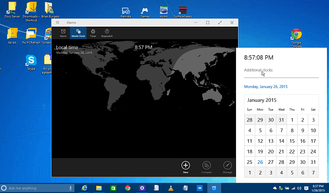 Abilita il calendario nascosto, l'orologio e lo spartano in Windows 10