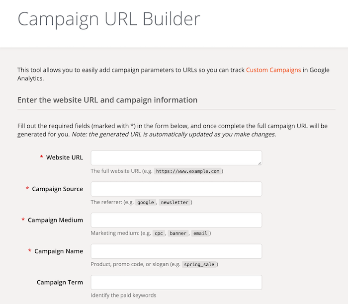 Campi del modulo del generatore di URL della campagna di Google Analytics