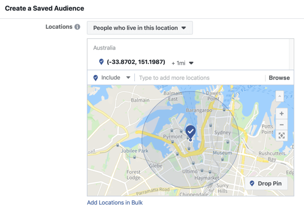 Come promuovere il tuo evento dal vivo su Facebook, passaggio 5, opzione per creare un pubblico salvato in base alla posizione dell'evento