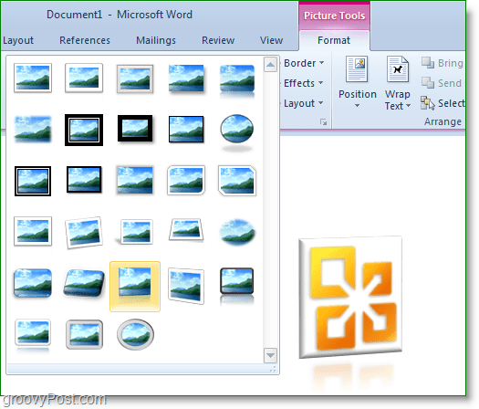 la barra multifunzione di Word in formato 2010 ha molti effetti fotografici predefiniti