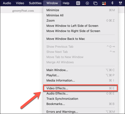 Accesso al menu degli effetti video di VLC su Mac
