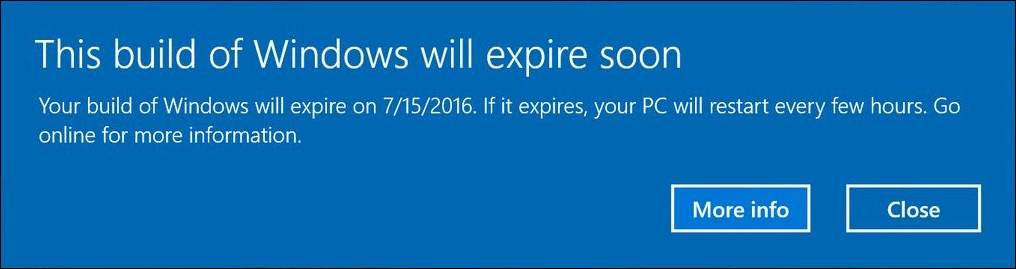 Windows 10 Insider Preview crea avvisi per gli utenti con notifiche di scadenza