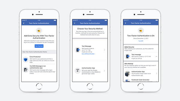 Facebook ha semplificato il flusso di configurazione che consente agli utenti di stabilire l'autorizzazione a due fattori ed ha eliminato la necessità di registrare un numero di telefono per proteggere un account.