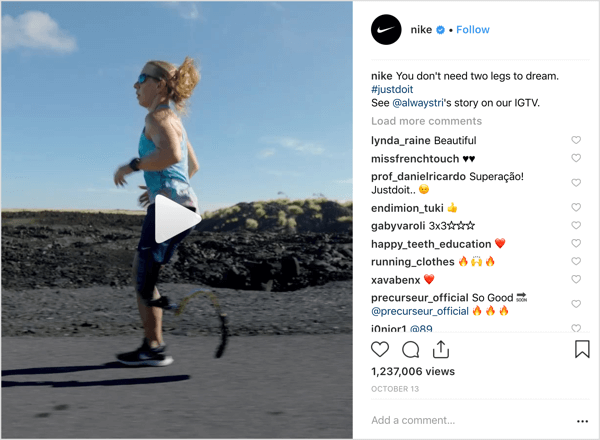 Post di Nike su Instagram che promuove IGTV