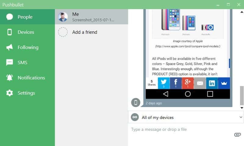 Screenshot di Pushbullet