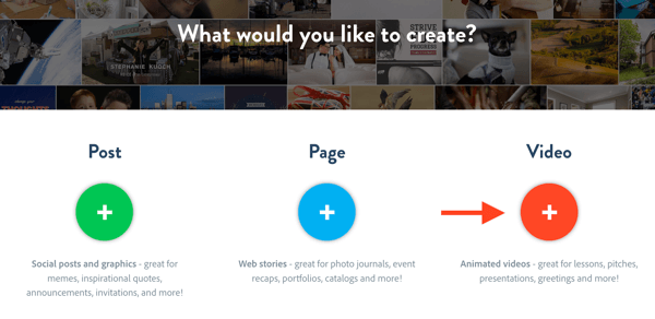 Per creare un nuovo progetto video in Adobe Spark, fai clic su Video.
