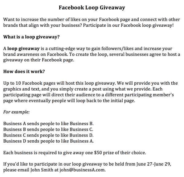 invito giveaway di facebook loop