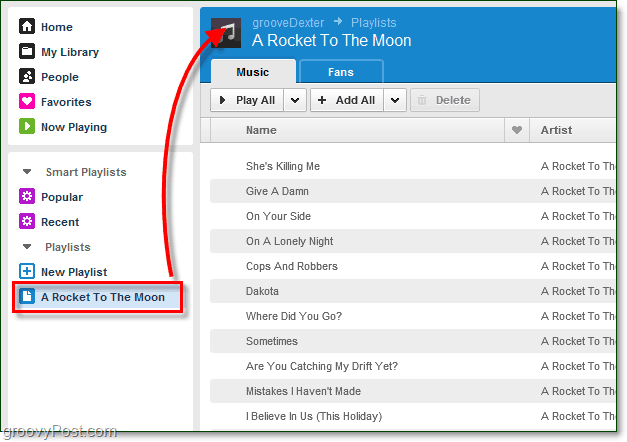 accedere rapidamente a una playlist Grooveshark