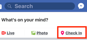 Opzione per selezionare Check-in per la tua pagina aziendale di Facebook.