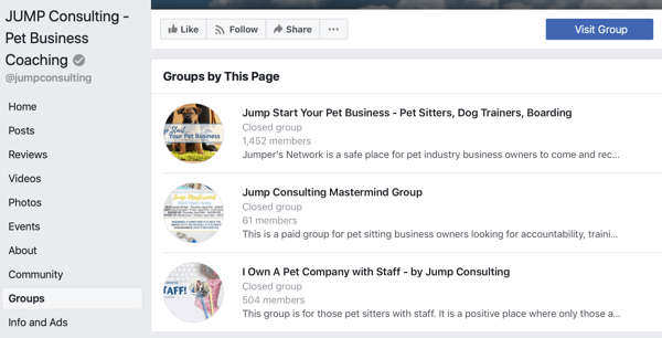 Come utilizzare le funzionalità dei gruppi di Facebook, esempio di gruppi sulla pagina Facebook, JUMP Consulting