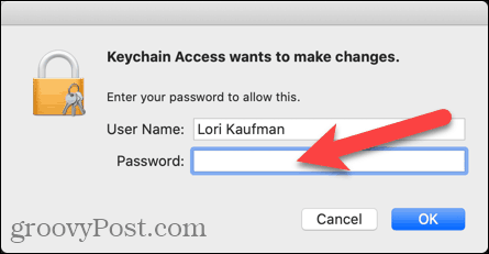Inserisci il nome utente e la password per l'accesso al portachiavi