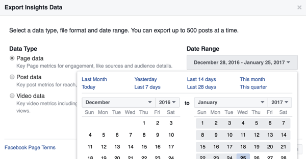 Puoi modificare l'intervallo di date per i dati di Facebook Insights che stai scaricando.