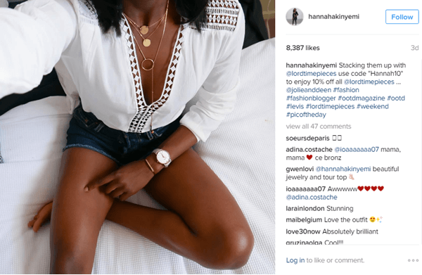 La modella Hannah Akinyemi presenta un orologio di Lord Timepieces insieme a un codice sconto su Instagram.