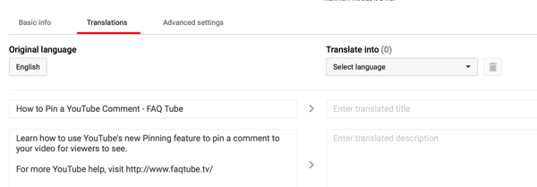 Nella scheda Traduzioni del tuo video YouTube, inserisci un titolo e una descrizione tradotti.