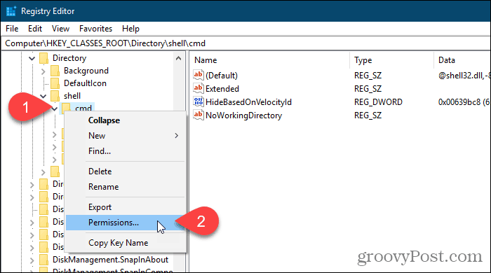 Fare clic con il tasto destro del mouse su una chiave di registro e selezionare Autorizzazioni nell'Editor del registro di Windows