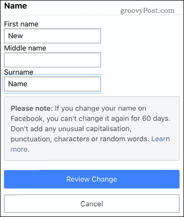 Modifica di un nome nell'app mobile di Facebook