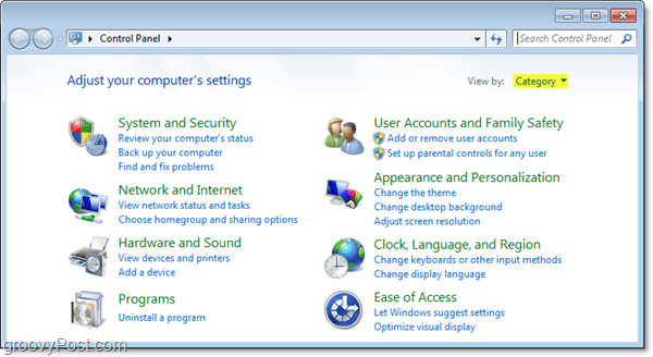 pannello di controllo di Windows 7 in vista categoria