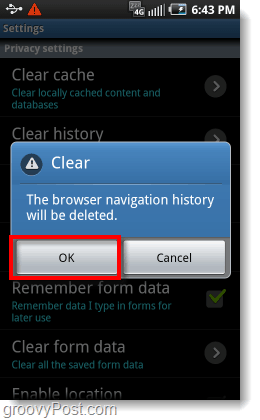 confermare la cronologia di navigazione cancellare sul browser del telefono Android