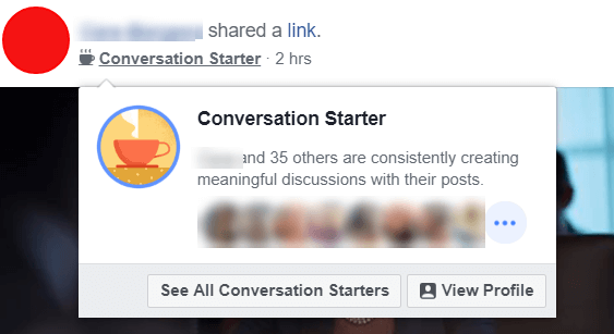 Sembra che Facebook stia sperimentando nuovi badge di Conversation Starter che mettono in risalto gli utenti e gli amministratori che creano costantemente discussioni significative con i loro post.
