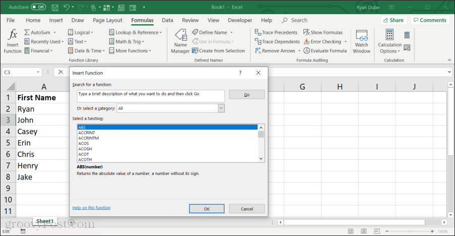 un elenco di tutte le funzioni di Excel in Excel