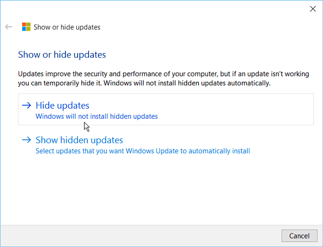 Nascondi lo strumento di aggiornamento di Windows 10