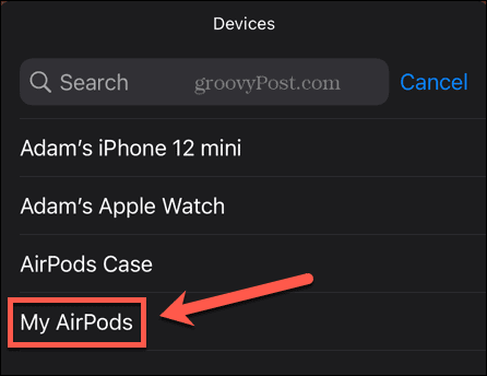 Widget della batteria di iPhone Select Airpods