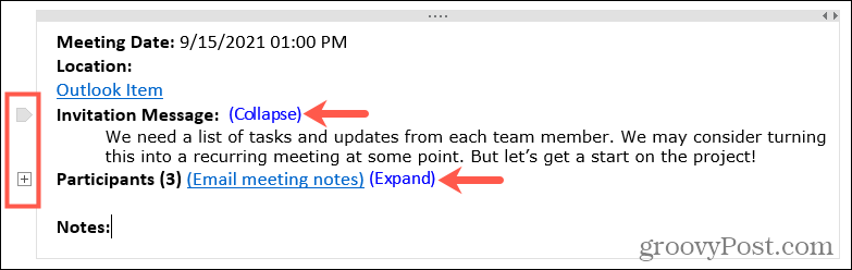 Espandi o comprimi i dettagli della riunione in OneNote