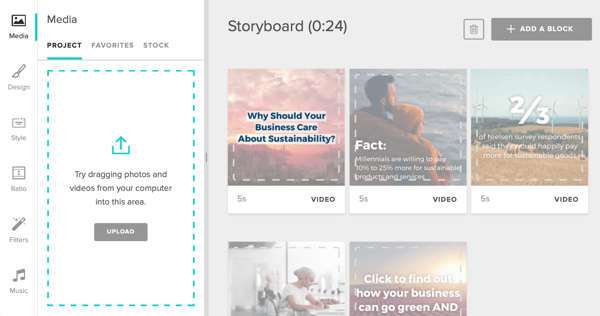 Opzione per aggiungere contenuti allo storyboard di Animoto.