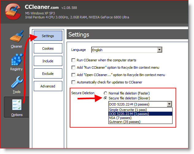 Configurare CCleaner per cancellare in modo sicuro ed eliminare i file 3 volte o DOD 5220.22-M