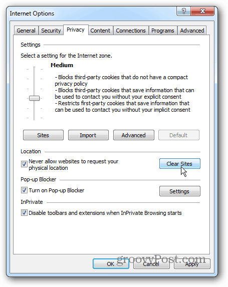 Privacy di Windows 7 IE 10
