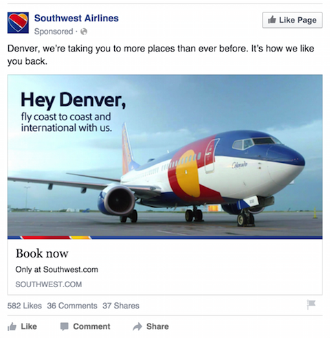 Annuncio Facebook di Southwest Airlines