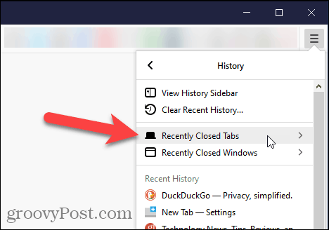 Seleziona Schede chiuse di recente in Firefox