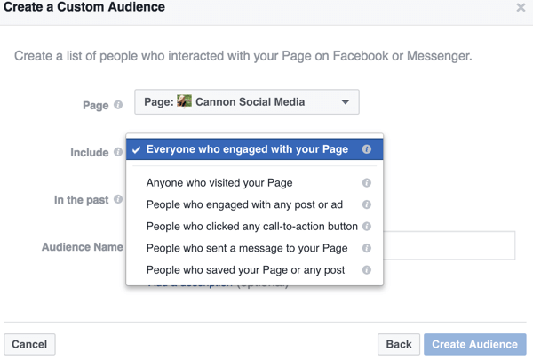 Mentre restringi le opzioni per il tuo pubblico personalizzato di Facebook, trovi modi specifici per definire il pubblico che desideri scegliere come target, come queste interazioni specifiche della pagina.