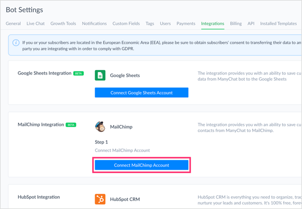 Apri le impostazioni di ManyChat e fai clic su Connetti account MailChimp nella scheda Integrazioni.