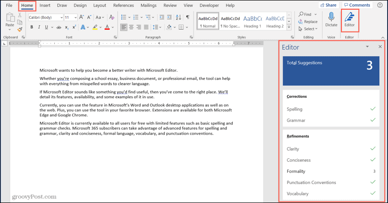Pulsante e barra laterale di Microsoft Editor nel desktop di Word