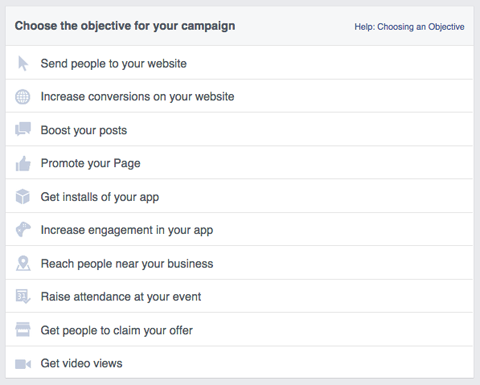 obiettivi della campagna pubblicitaria di Facebook