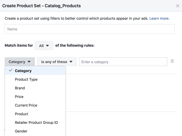 Utilizza lo strumento di configurazione degli eventi di Facebook, passaggio 28, opzione del menu di Facebook per applicare i filtri a cui i prodotti vengono mostrati ai clienti