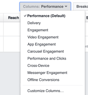 Fai clic sull'elenco a discesa Colonne per visualizzare le opzioni per modificare le colonne visualizzate in Facebook Ads Manager.
