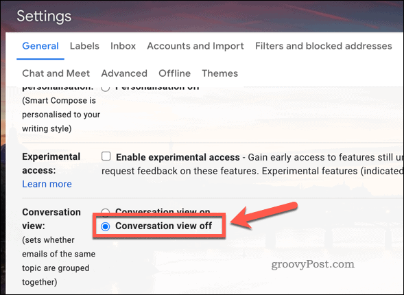 Disabilita la visualizzazione delle conversazioni nelle impostazioni di Gmail