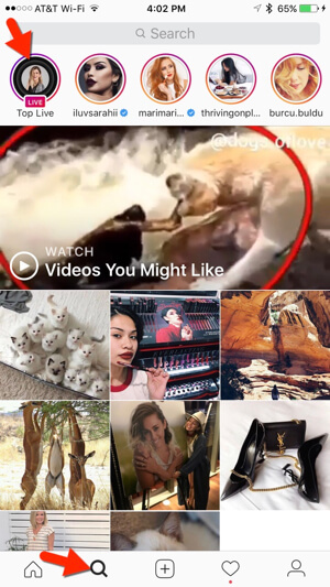 Instagram offre anche i video live attuali nella scheda Esplora.