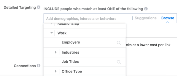 Facebook offre opzioni di targeting dettagliate in base al lavoro del tuo pubblico.