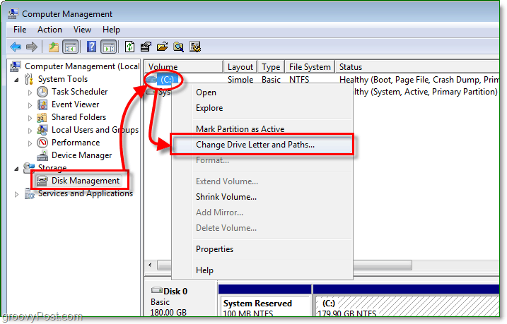 utilizzare la funzionalità di gestione del disco per accedere alla finestra di dialogo Cambia lettera di unità in Windows 7