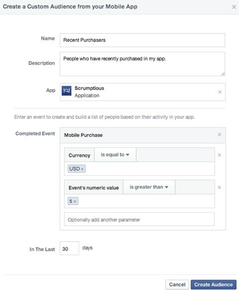app mobile per pubblico personalizzato di Facebook