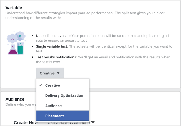 Seleziona Posizionamento come variabile da testare con lo split test di Facebook