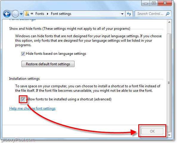 consentire l'installazione di caratteri Windows 7 da una rete o altra risorsa esterna
