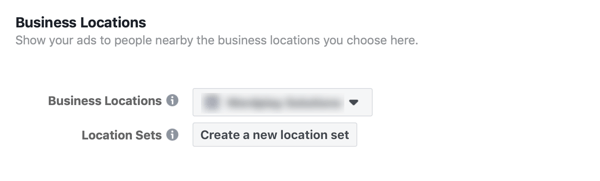 Opzione per creare una nuova posizione impostata per il tuo annuncio aziendale di Facebook.