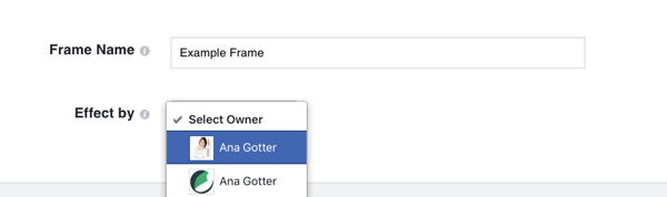 Scegli la tua pagina aziendale di Facebook come proprietario del frame se promuove il tuo marchio.