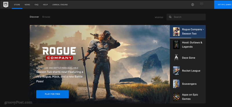 Uno screenshot che mostra il sito Web di Epic Games Store